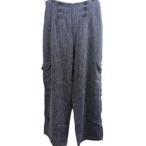 Flax Pinstripe Linen Cargo Pants With Button Details in Black and White